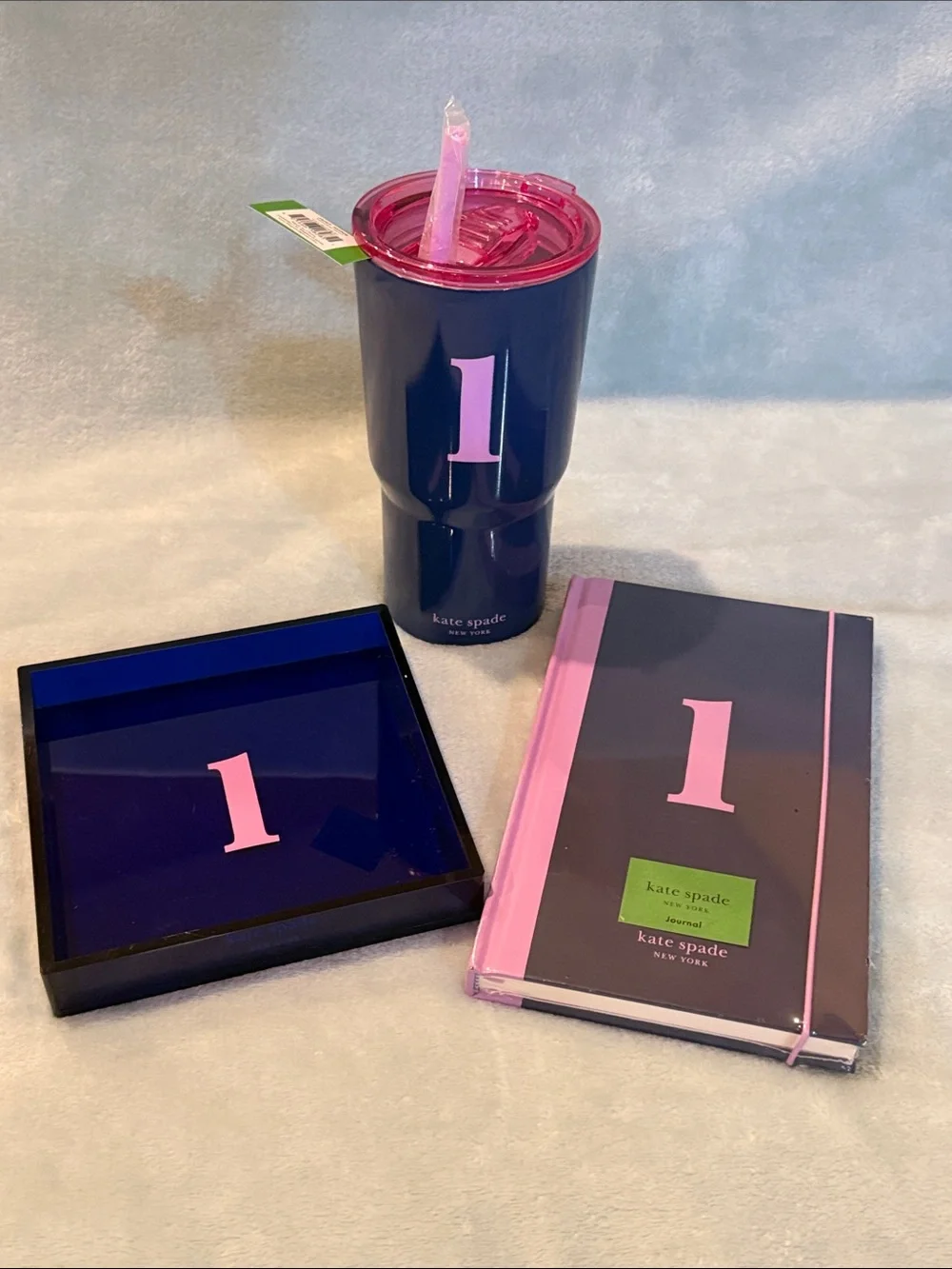 kate spade Navy and Pink ‘l’ Tumbler, Tray & Notebook Trio